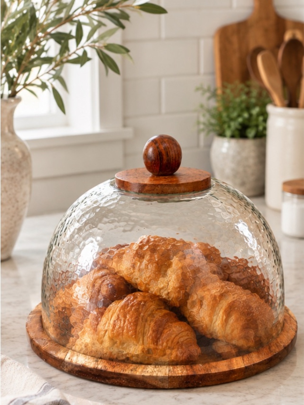 Wood & Hammered Glass Dome Cake Stand with Knob - Round Cloche Natural Brown 11”